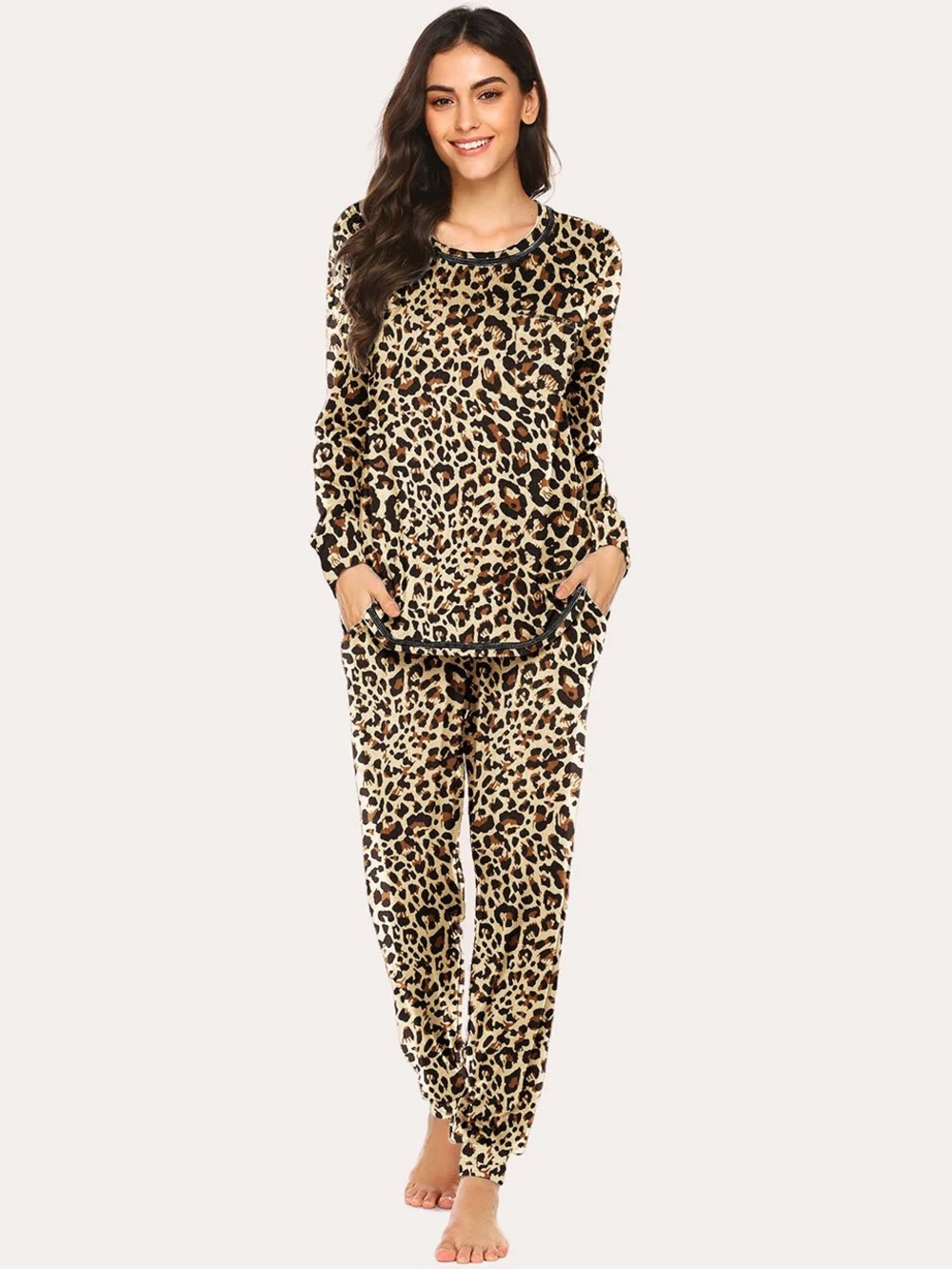 Leopard Print Long Sleeve Dress Pajama Set